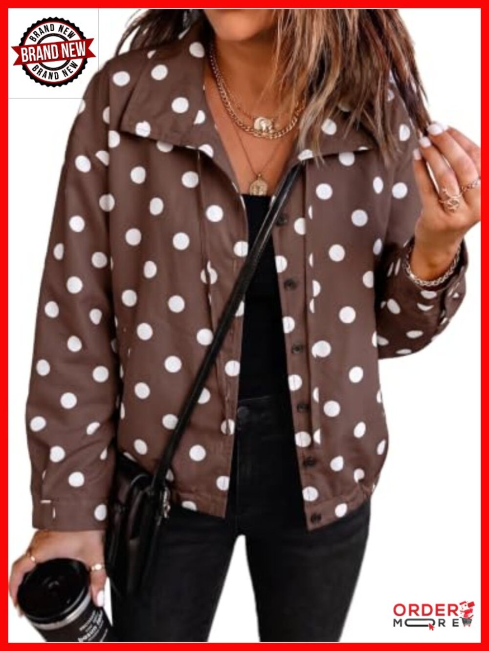 Womens Polka Dot Cropped Jacket Funnel Neck Button Down Oversized